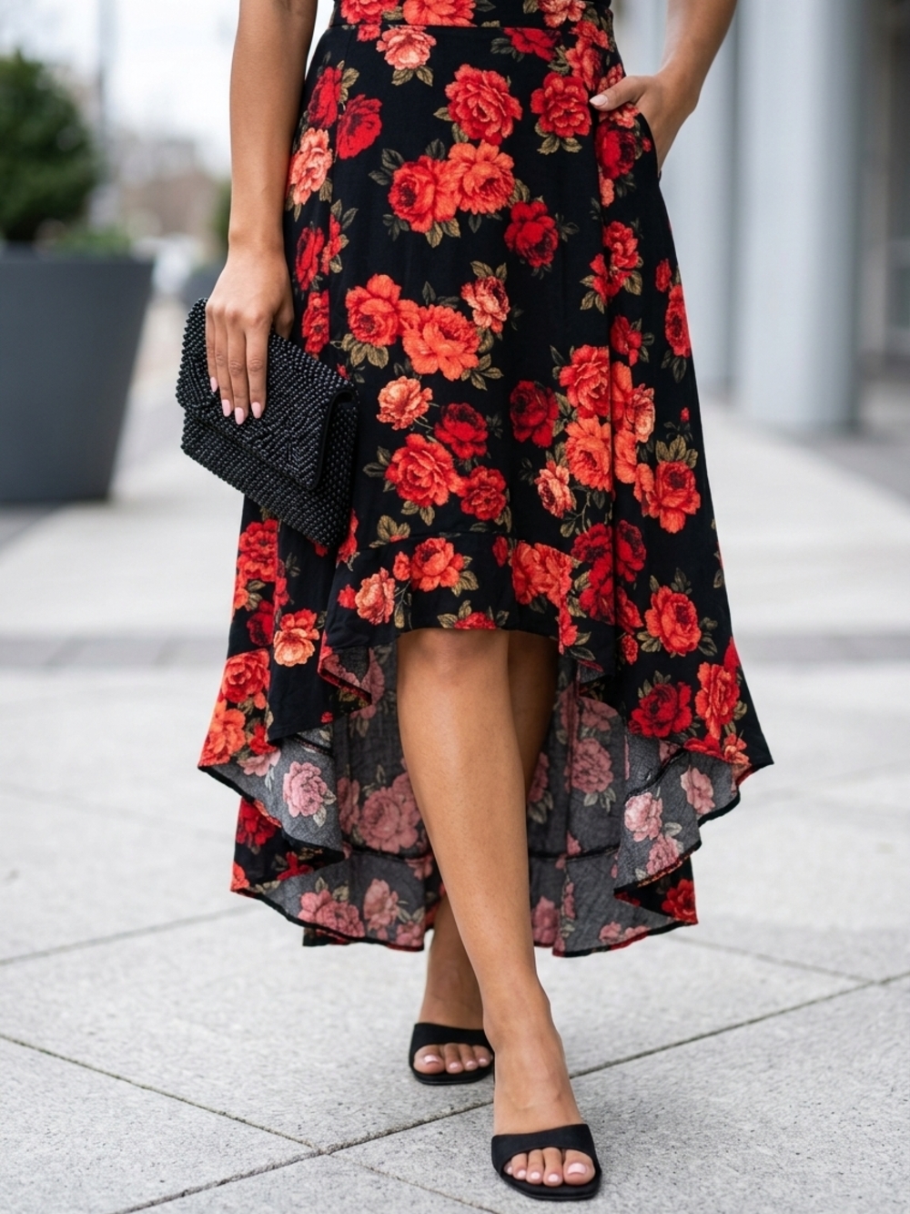 torrid Black High-Low Skirt with Red Floral Print